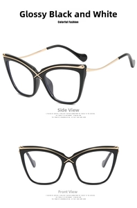 Detail showing high-quality cat-eye frames in glossy black with gold metal accents