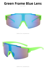 Detail of neon green sports sunglasses with blue gradient lenses for cycling and running