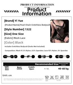 Detailed size chart and material guide for black lace pearl chain open crotch bodysuit