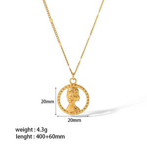 Vintage 18K gold-plated stainless steel necklace with relief portrait coin pendant