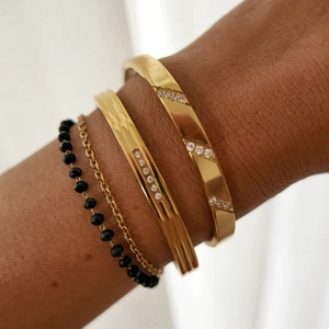 Set of gold stainless steel zircon bracelets and black bead bangles for women