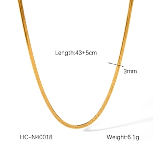 Detail of 3mm gold snake chain necklace showing 43cm length plus 5cm extension