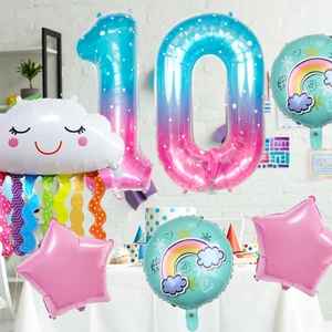 Rainbow cloud foil balloon set with colorful tassels and gradient number ten for parties