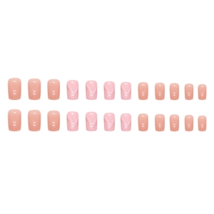 Pink and nude medium-long press-on nails with white marble and gold glitter accents