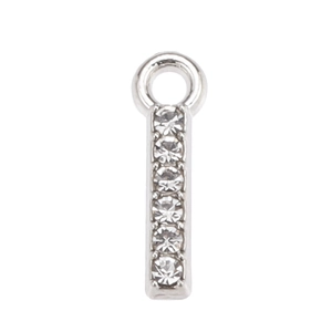 Close-up of silver-tone letter I pendant featuring six round sparkling zircons