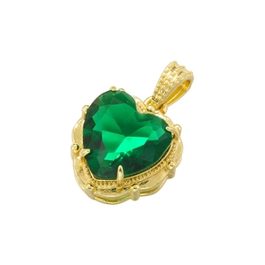 Close-up of luxury gold heart pendant featuring a large faceted green gemstone inlay