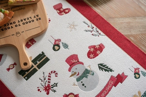 Macro view of Christmas table runner with jacquard snowman pattern and Happy Holidays text
