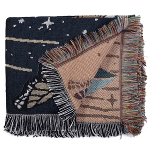 Bohemian camping blanket with fringe, mountain and starry night jacquard pattern