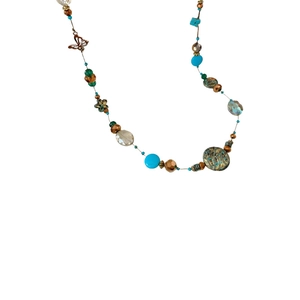 Ethnic style stackable necklace with turquoise beads and bronze butterfly pendant