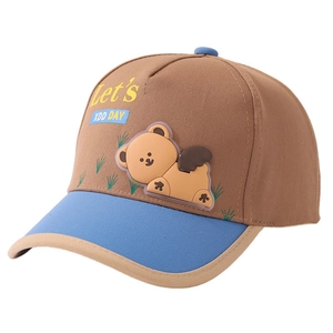 Kids color-block baseball cap featuring bear print and blue brim on white background