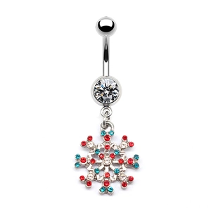 Silver snowflake belly ring with vibrant red and blue zircon stones for Christmas styling