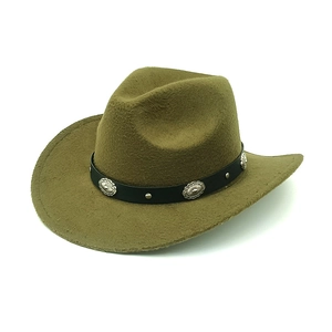 Detailed side view of green felt cowboy hat with vintage metal patterned leather band