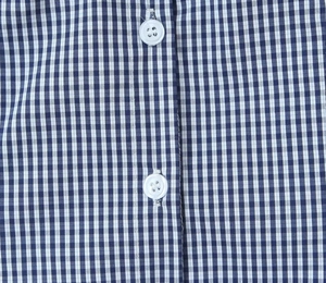 Detail of blue and white checkered shirt showing woven fabric and white round buttons