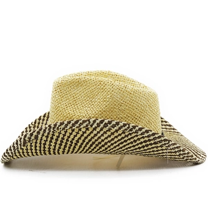 Handwoven wide brim raffia straw hat with striped cowboy style for beach sun protection