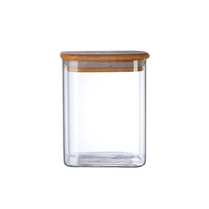 Square borosilicate glass storage jar with airtight bamboo lid for kitchen pantry storage