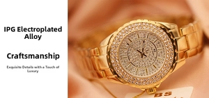 Macro shot of gold-plated women's watch featuring a crystal-encrusted bezel and dial