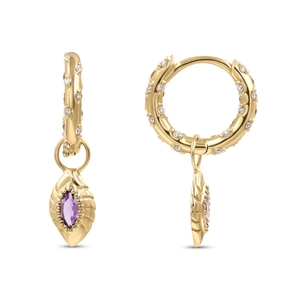 Detail of golden hoop earring with leaf pendant and marquise purple gemstone