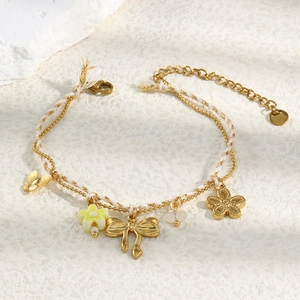 Minimalist 18K gold-plated stainless steel bead chain bracelet with butterfly and floral charms