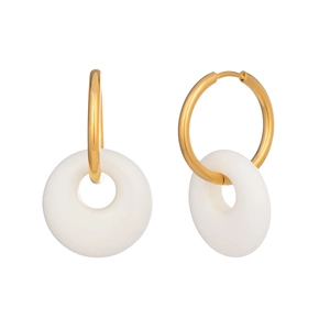 Detailed view of polished gold hoop earrings with white round stone pendants