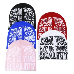 Knit beanie caps with slogan jacquard in black red blue white and pink colors