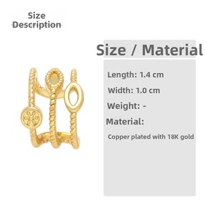Size specifications for 18K gold-plated geometric ear cuff with floral and rope details