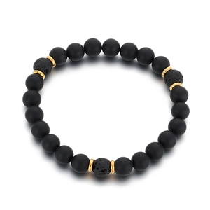 Unisex handmade beaded bracelet with matte black agate, lava stone and gold metal accents