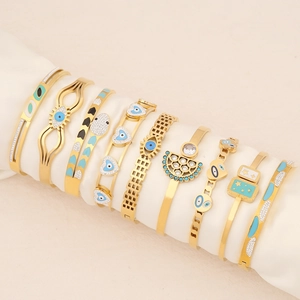 Fashion Evil Eye Snake Bangle Stainless Steel Gold Plated Enamel Zircon Bohemian Bracelet For Women