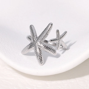 Polished stainless steel starfish open ring featuring textured sea star design in silver
