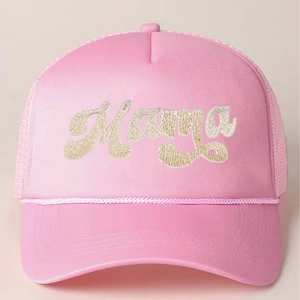 Pink retro trucker hat with Mama embroidery and breathable mesh back for women