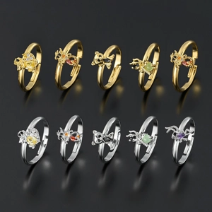 10-piece colorful zircon animal rings set in gold and silver finish with open design
