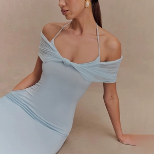 Sleek light blue halter neck maxi dress with mesh panels and cutout front detail