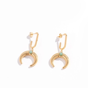 Golden crescent horn earrings in stainless steel with micro-set green gemstones