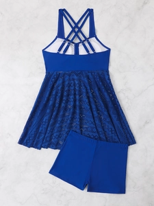 Close-up of royal blue tankini top featuring elegant hollow out lace crochet skirt hem