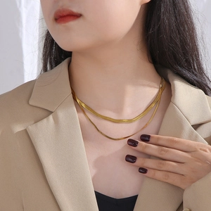 Double-layered 18K gold plated stainless steel flat blade snake chain necklace for women