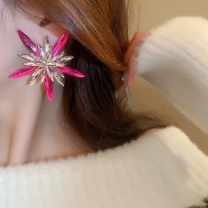 Close-up of oversized star-shaped sparkling crystal earrings worn by a model in silver and magenta