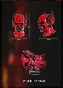 Detailed views of a red devil head sculpture showing dimensions 37mm and 267g weight