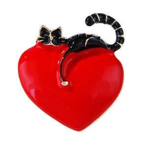 Cartoon enamel cat heart brooch in red and black alloy for versatile fashion styling