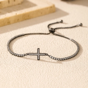 Retro S925 sterling silver cross bracelet in black gunmetal finish with adjustable chain