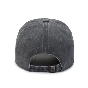 Adjustable dark grey washed cotton baseball cap with vintage finish and metal buckle