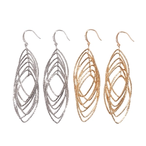 Textured metallic oval hoop earrings in gold and silver leaf-shaped layered designs