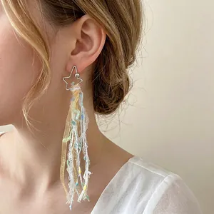 Boucles d'oreilles étoile avec rubans de soie colorés et glands en dentelle pour femme