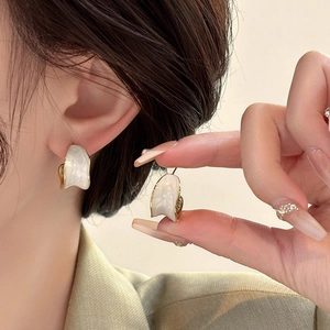 C-Shape Stud Earrings 18K Gold Plated Copper With 925 Sterling Silver Earring Post Red Enamel Vintage Minimalist Women