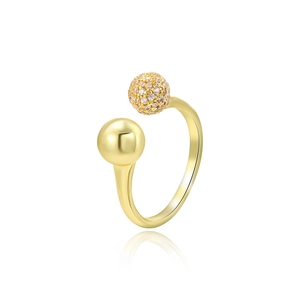 Macro detail of 18k gold plated open ring with smooth sphere and crystal paved ball