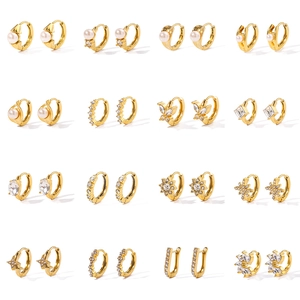Set of 16 pairs of gold stainless steel hoop earrings with pearls and zircon butterflies