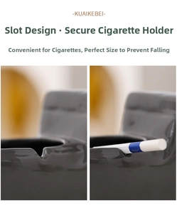 Detail view of the ceramic toilet-shaped ashtray slot securely holding a cigarette