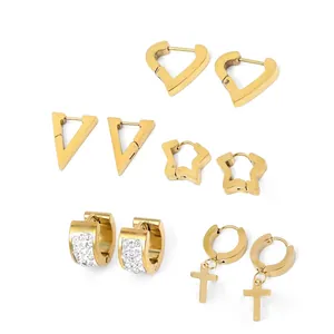 Minimalist Stainless Steel Huggie Hoop Earrings Rhinestone Heart Star Cross Triangle Geometric Fashion Jewelry Accessories For Unisex