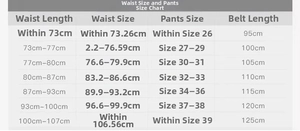 Size chart showing leopard print belt lengths corresponding to waist and pants sizes