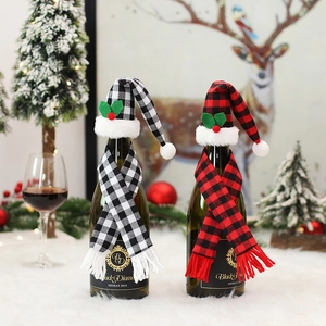 Christmas mini plaid hats and scarves wine bottle decoration set with festive background