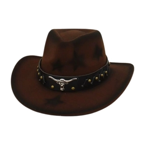 Western Cowboy Hat Polyester Felt Star Print Wide Curved Brim Metal Bull Head Riveted Leather Band Retro Unisex