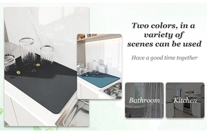 Dual-color absorbent draining mat for kitchen counters shown in black and blue styles